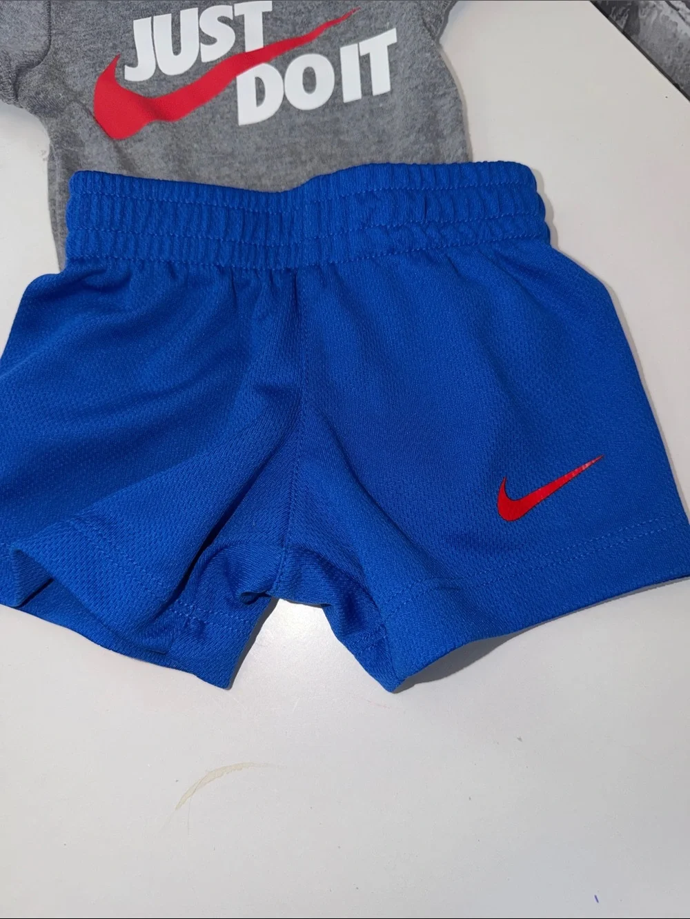 Baby boy's Nike Gray Bodysuit with Blue Shorts and Red Swoosh - Picture 2 of 6